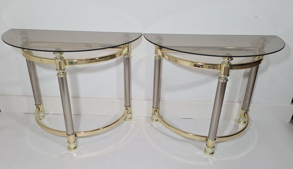 Hollywood Regency Side Tables In Smoked Glass And Gold Brass, 1970s, Set Of 2 photo buy