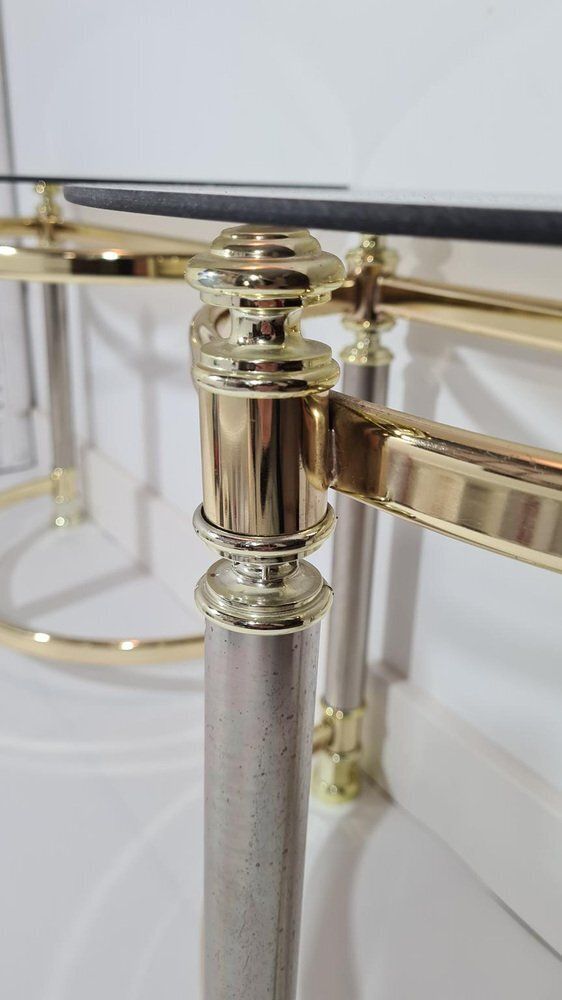 photo for sale Hollywood Regency Side Tables In Smoked Glass And Gold Brass, 1970s, Set Of 2