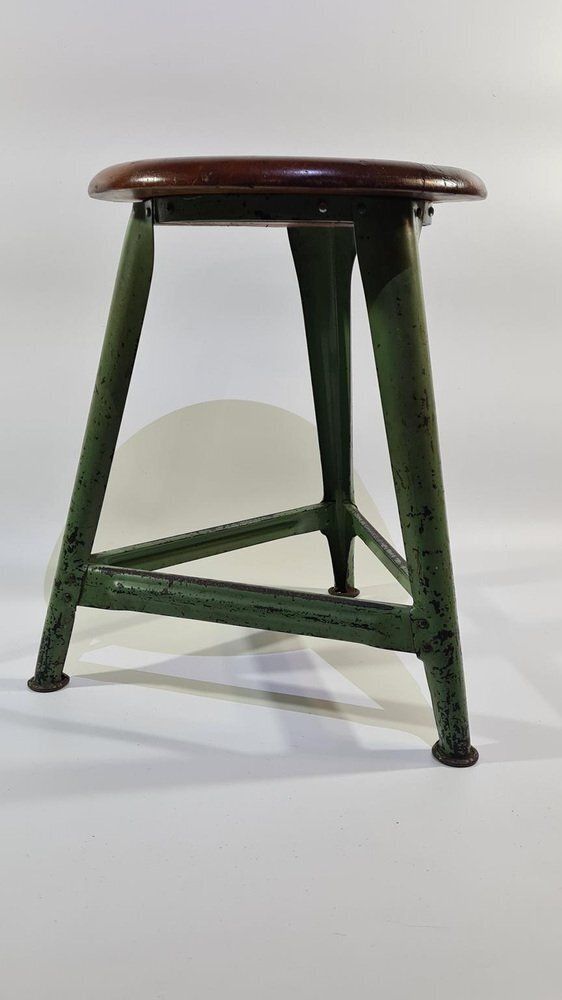 Industrial Stool In Dark Brown Wood And Green Metal, Germany, 1950s photo furniture