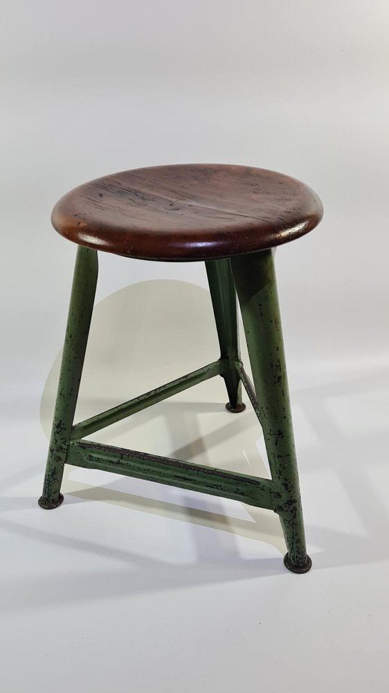Industrial Stool In Dark Brown Wood And Green Metal, Germany, 1950s photo vinterior
