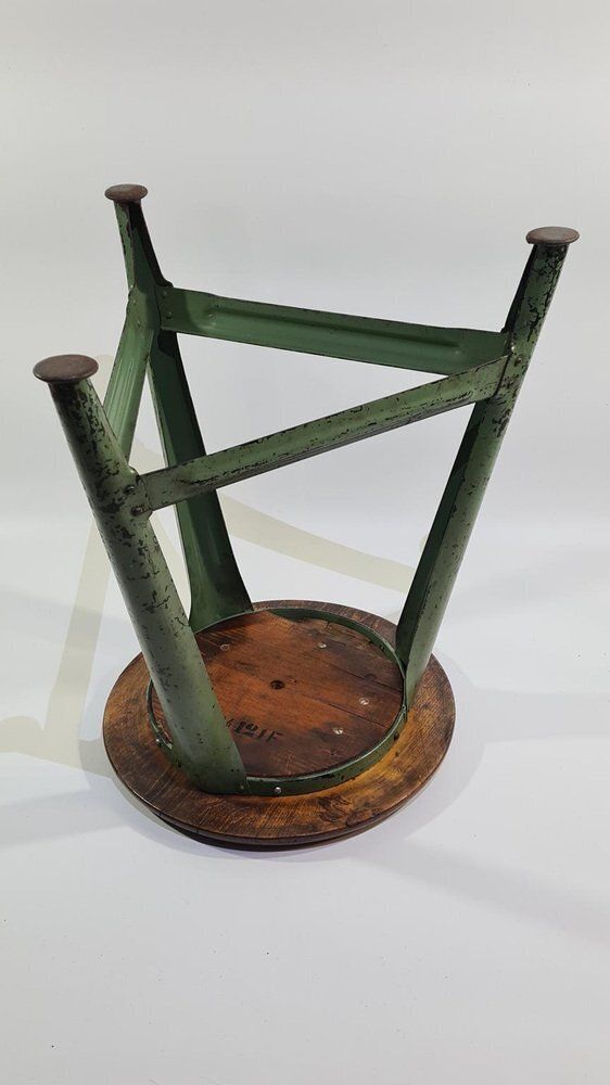 Industrial Stool In Dark Brown Wood And Green Metal, Germany, 1950s photo vintage