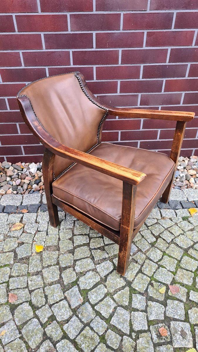 Furniture Vintage Chair In Wood And Leather, 1950s photo