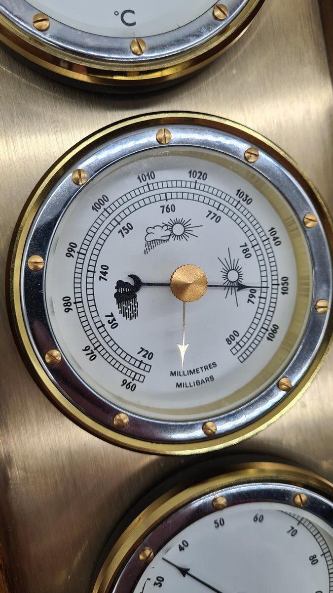 Weather Station With Three Analog Indicators In Brass And Wood, 1970s photo buy