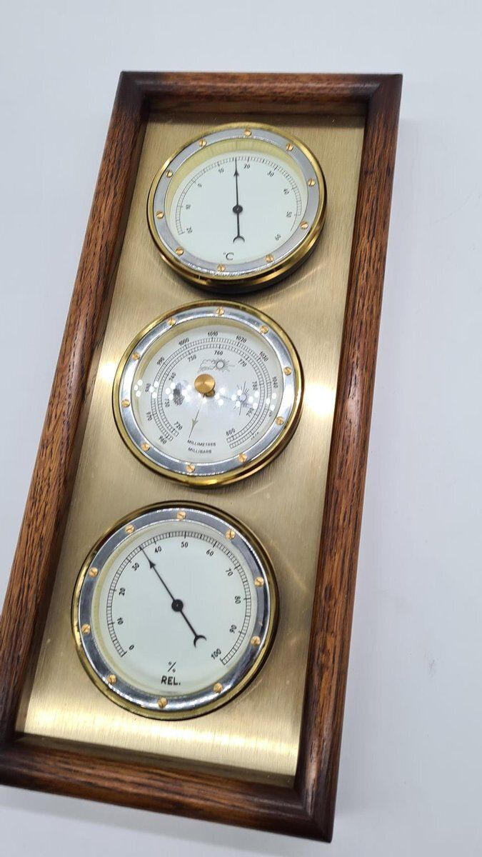 photo for sale Weather Station With Three Analog Indicators In Brass And Wood, 1970s