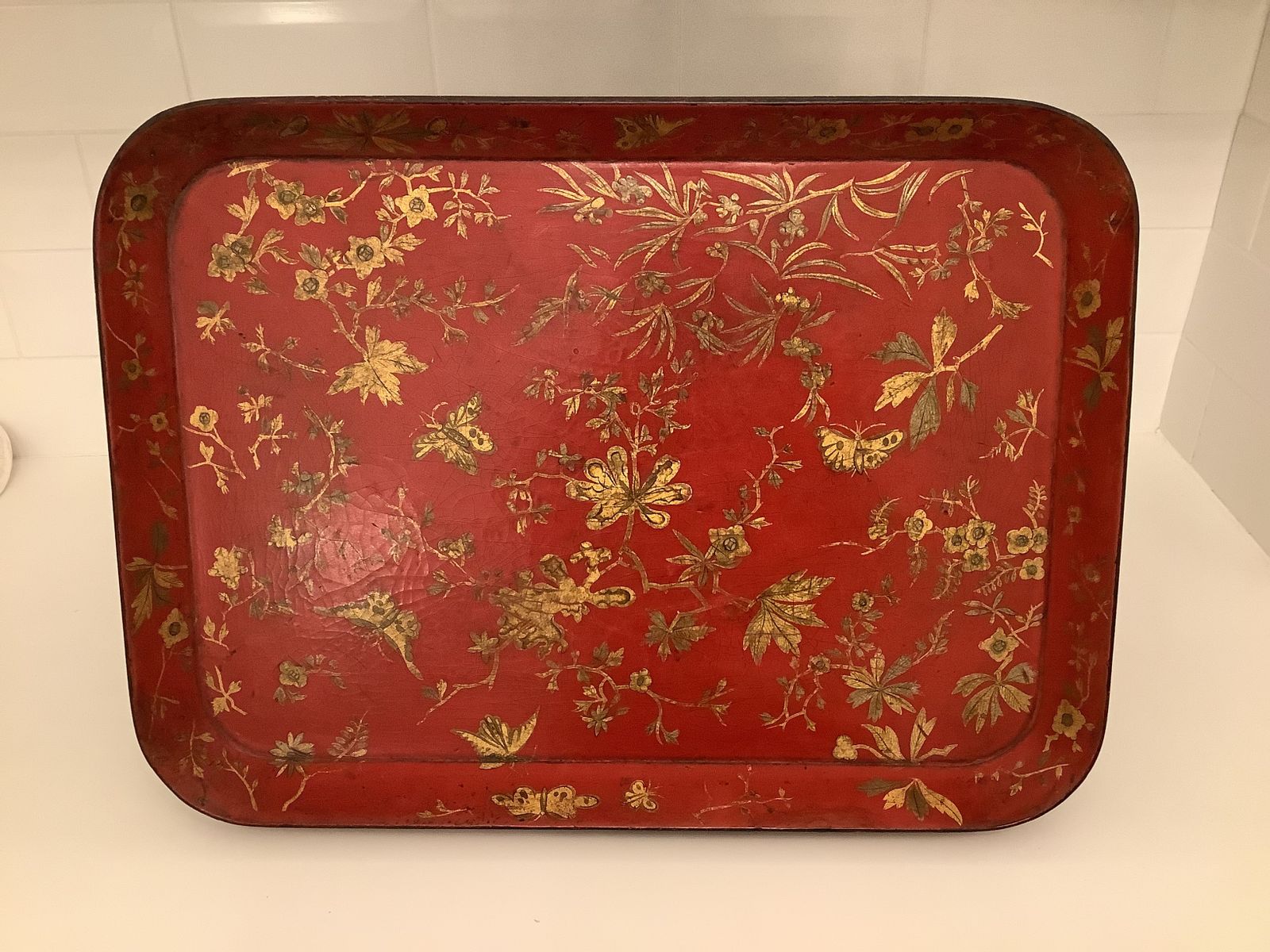 Regency Red Lacquered Chinoiserie Papier Mache Tray By Henry Clay.