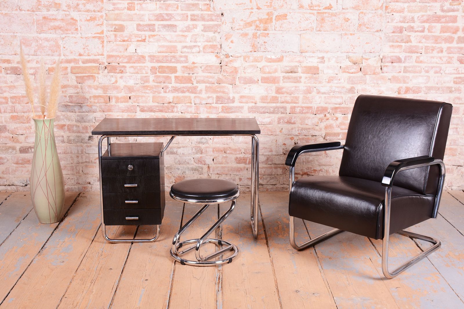 Restored Bauhaus Writing Desk, By Robert Slezák, Oak, Chrome, Czech, 1930s photo furniture