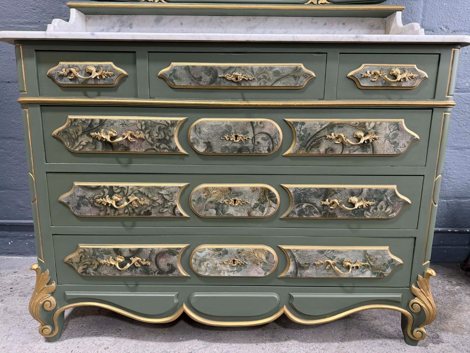 Antique French Louis XV Chest Of Drawers With 3 Way Mirror & Marble Top Upcycled photo buy