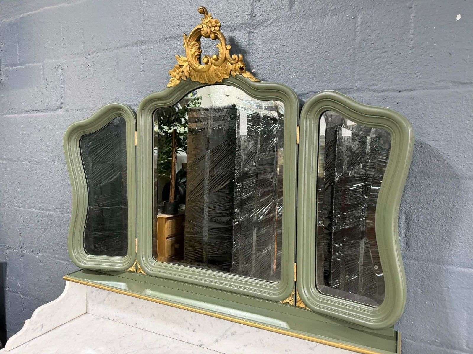 photo for sale Antique French Louis XV Chest Of Drawers With 3 Way Mirror & Marble Top Upcycled