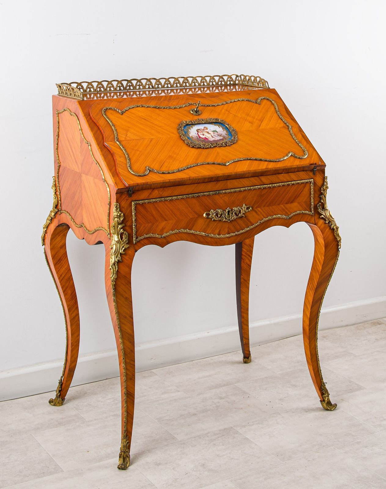 Antique French Kingwood Bureau De Dame With Porcelain Plaque, C.1890 photo for sale