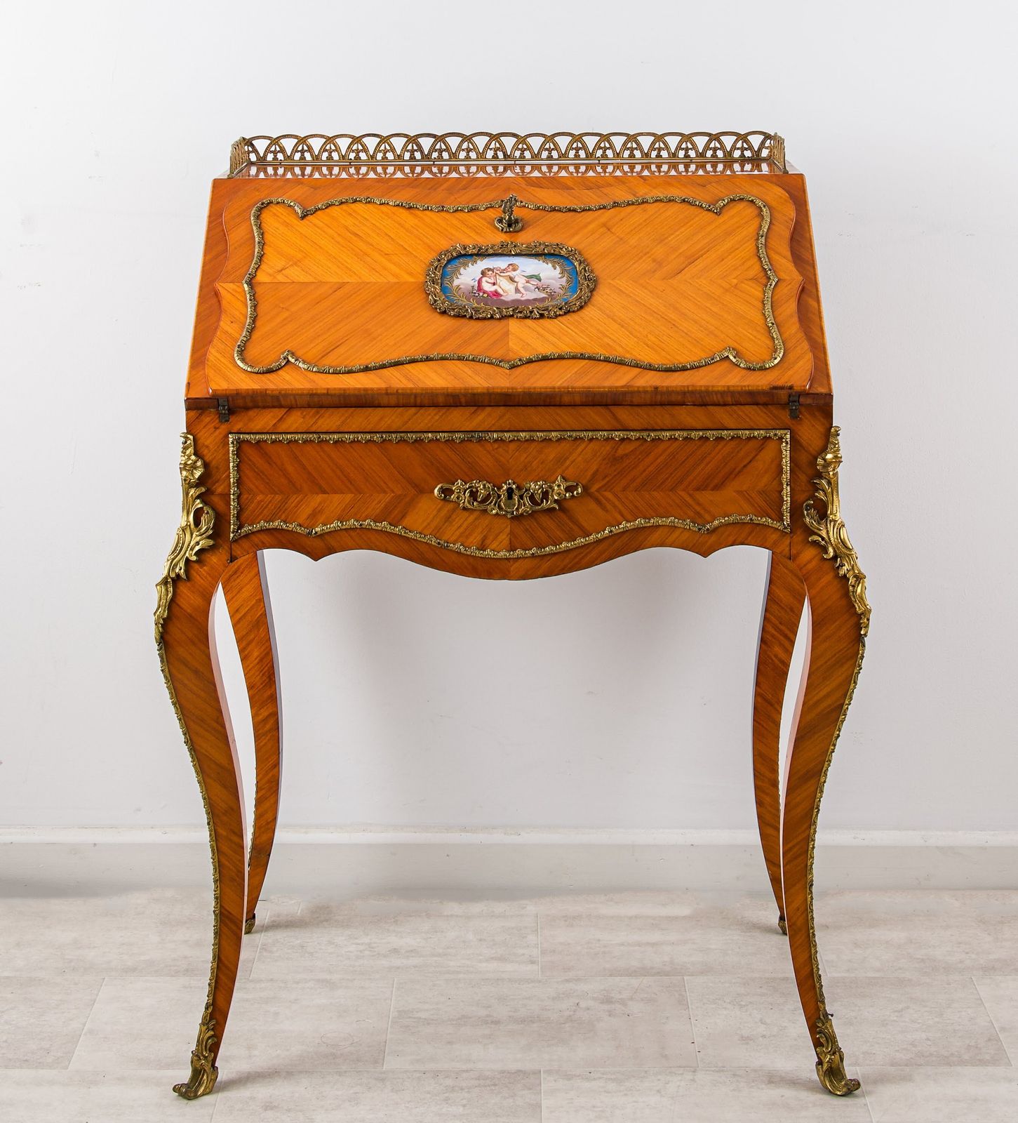 Antique French Kingwood Bureau De Dame With Porcelain Plaque, C.1890