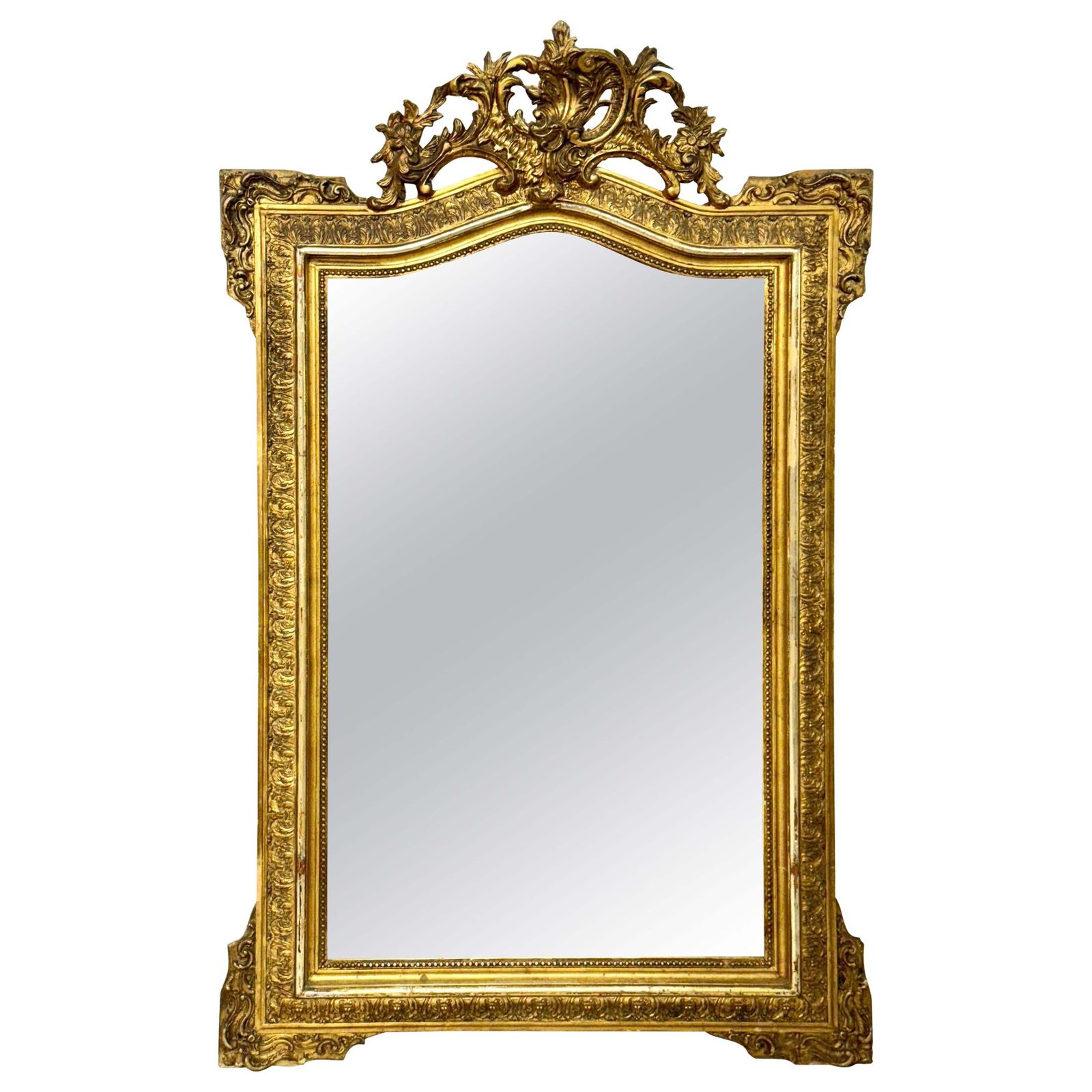 Napoleon III Period Giltwood Mirror With Ornate Crest, 19th Century