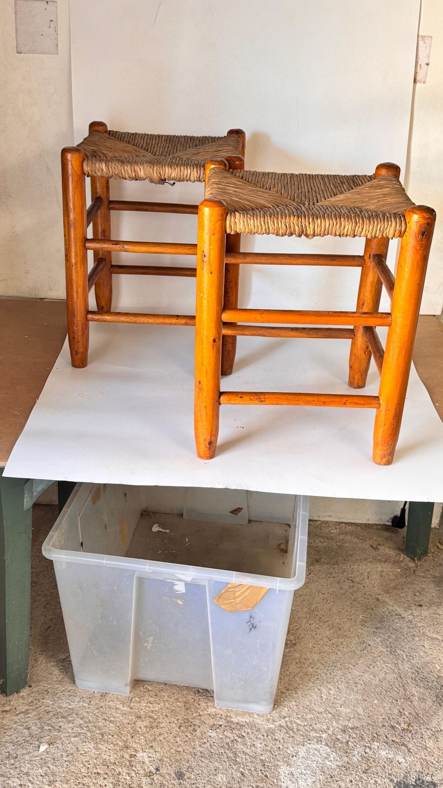Pair Of 1950s French Stools In The Style Of Charlotte Perriand Wood Woven Straw photo for sale