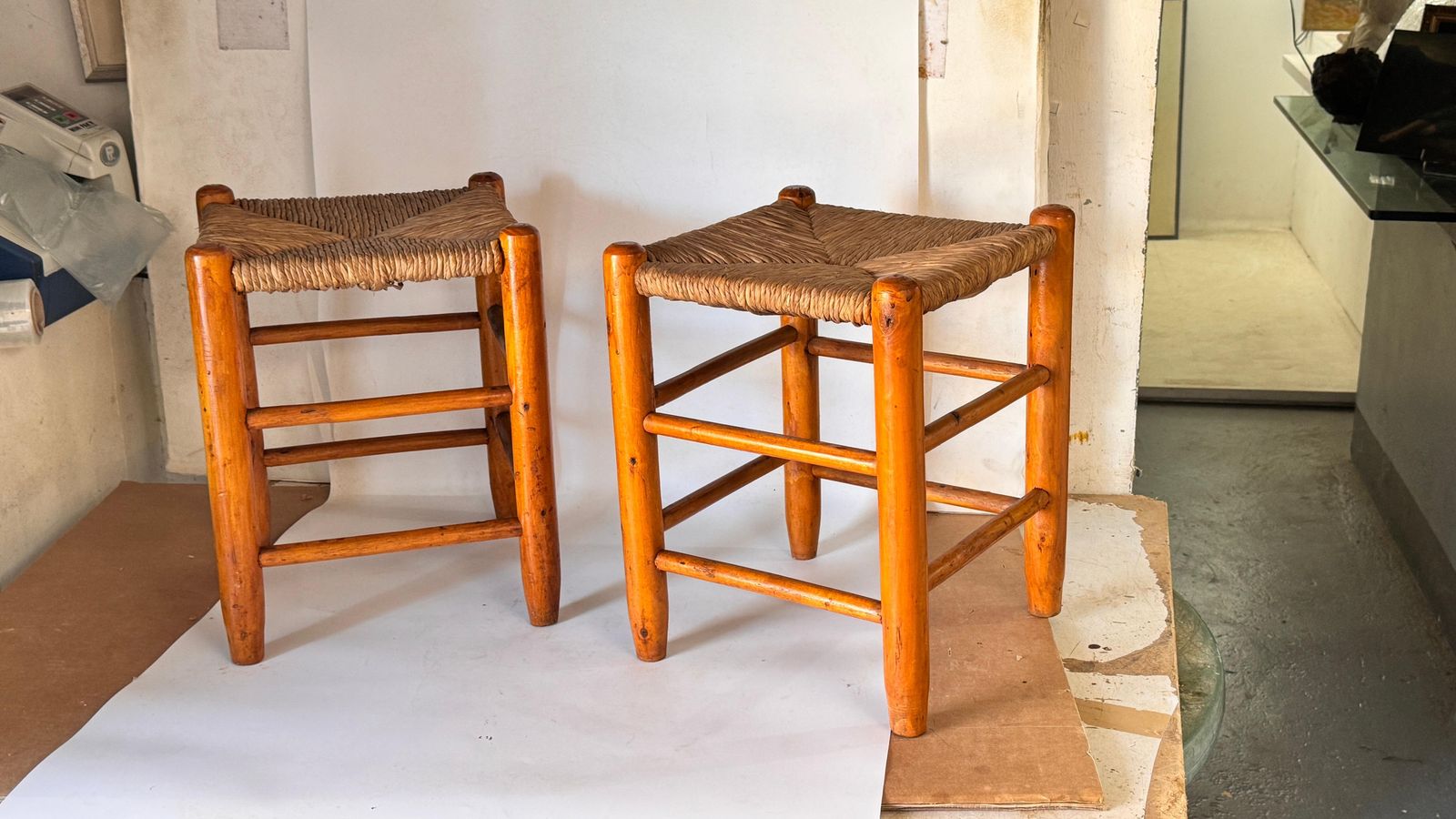 Pair Of 1950s French Stools In The Style Of Charlotte Perriand Wood Woven Straw photo vinterior