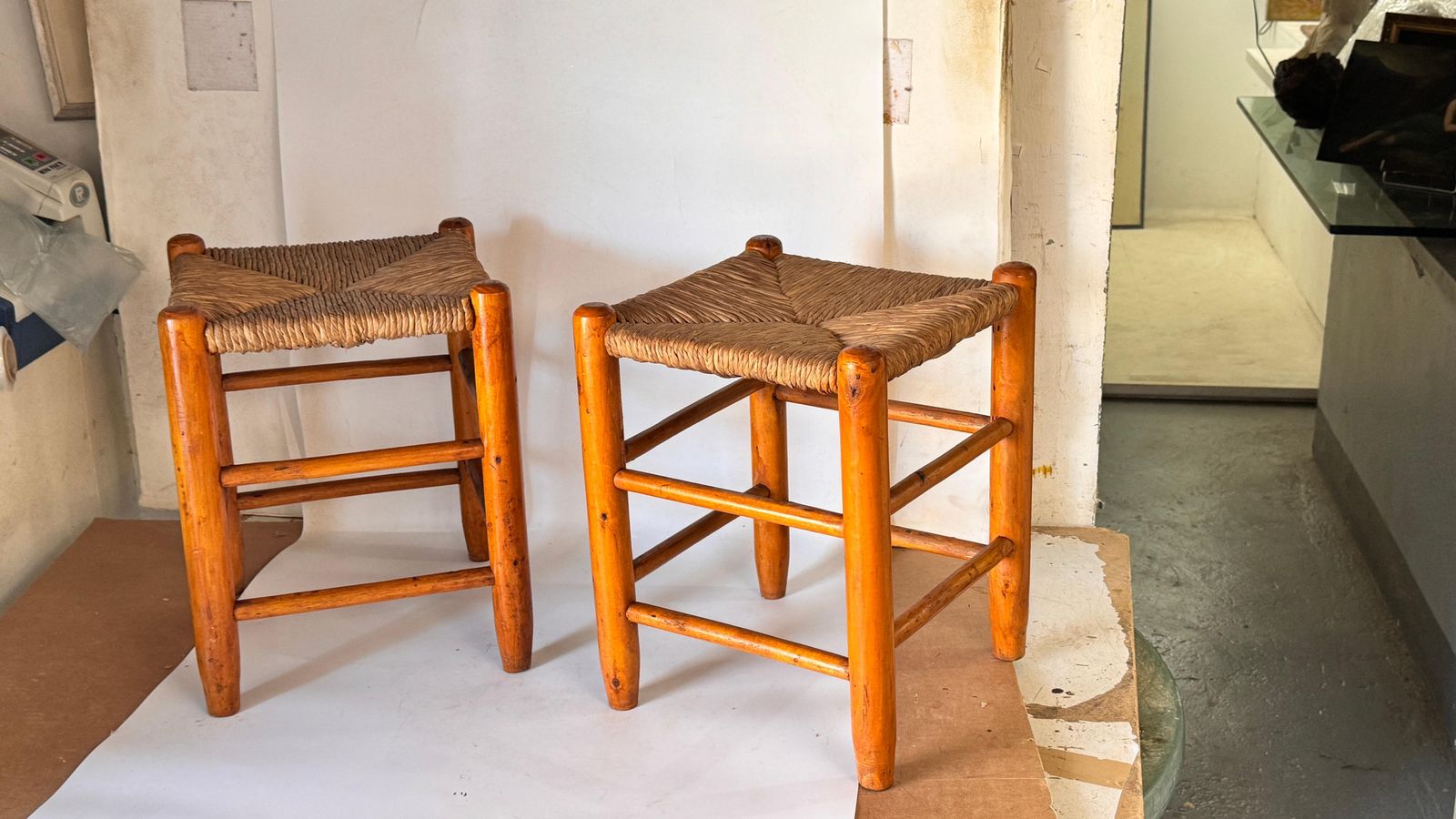 Pair Of 1950s French Stools In The Style Of Charlotte Perriand Wood Woven Straw photo buy