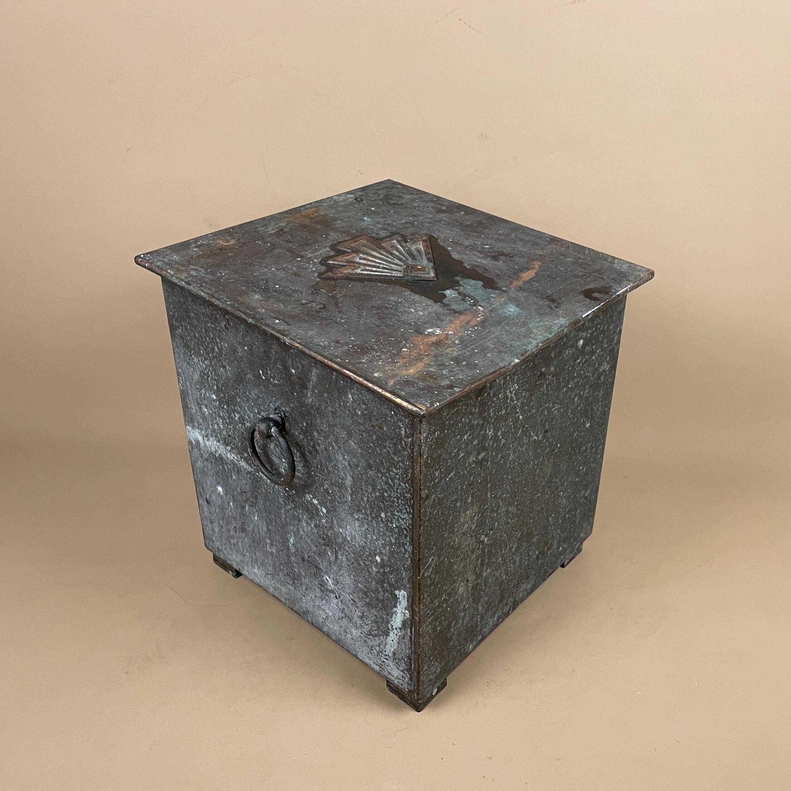 Antique Metal Copper Brass Coal Bucket Side Handles Art Nouveau Square Fire Side Scuttle Farmhouse Patina Vintage Fireplace Box Lidded Lid