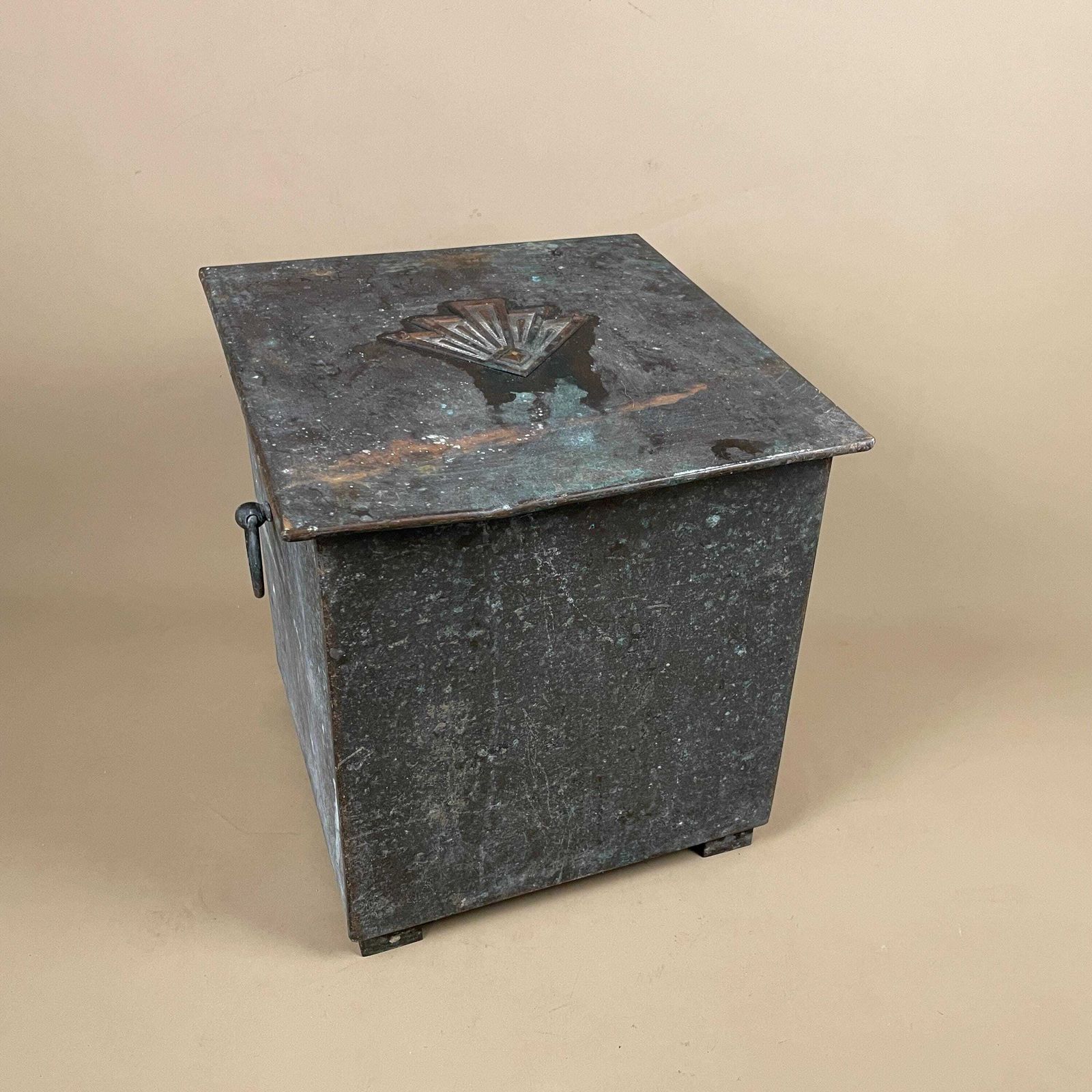 Antique Metal Copper Brass Coal Bucket Side Handles Art Nouveau Square Fire Side Scuttle Farmhouse Patina Vintage Fireplace Box Lidded Lid photo for sale