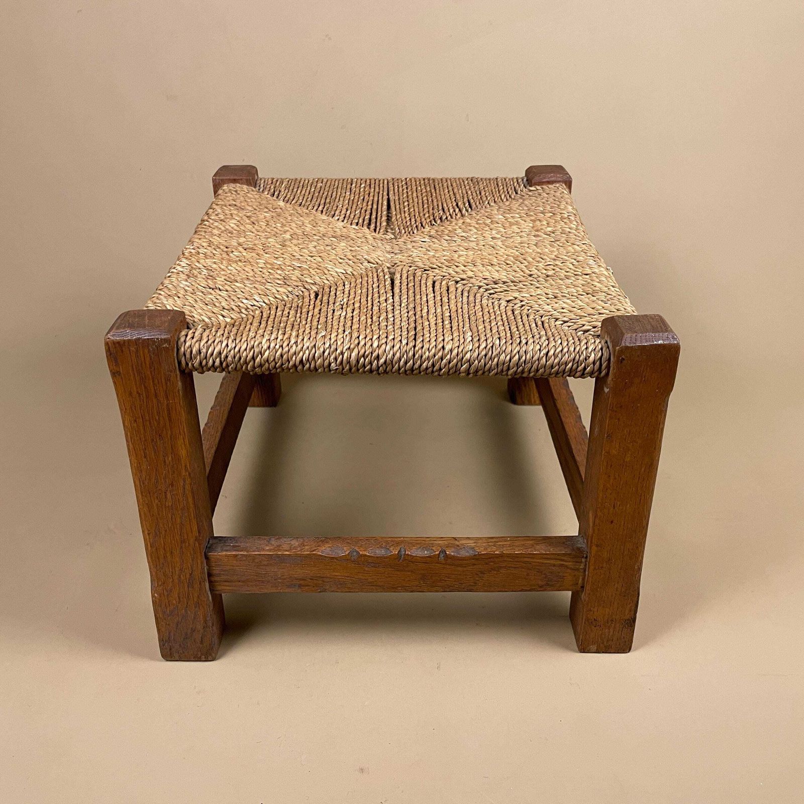 Antique Wooden Stool Woven String Wood Cottage Furniture Rectangle Brown Hallway Seat 22.2x30x34cm Footstool Bench Square photo vintage