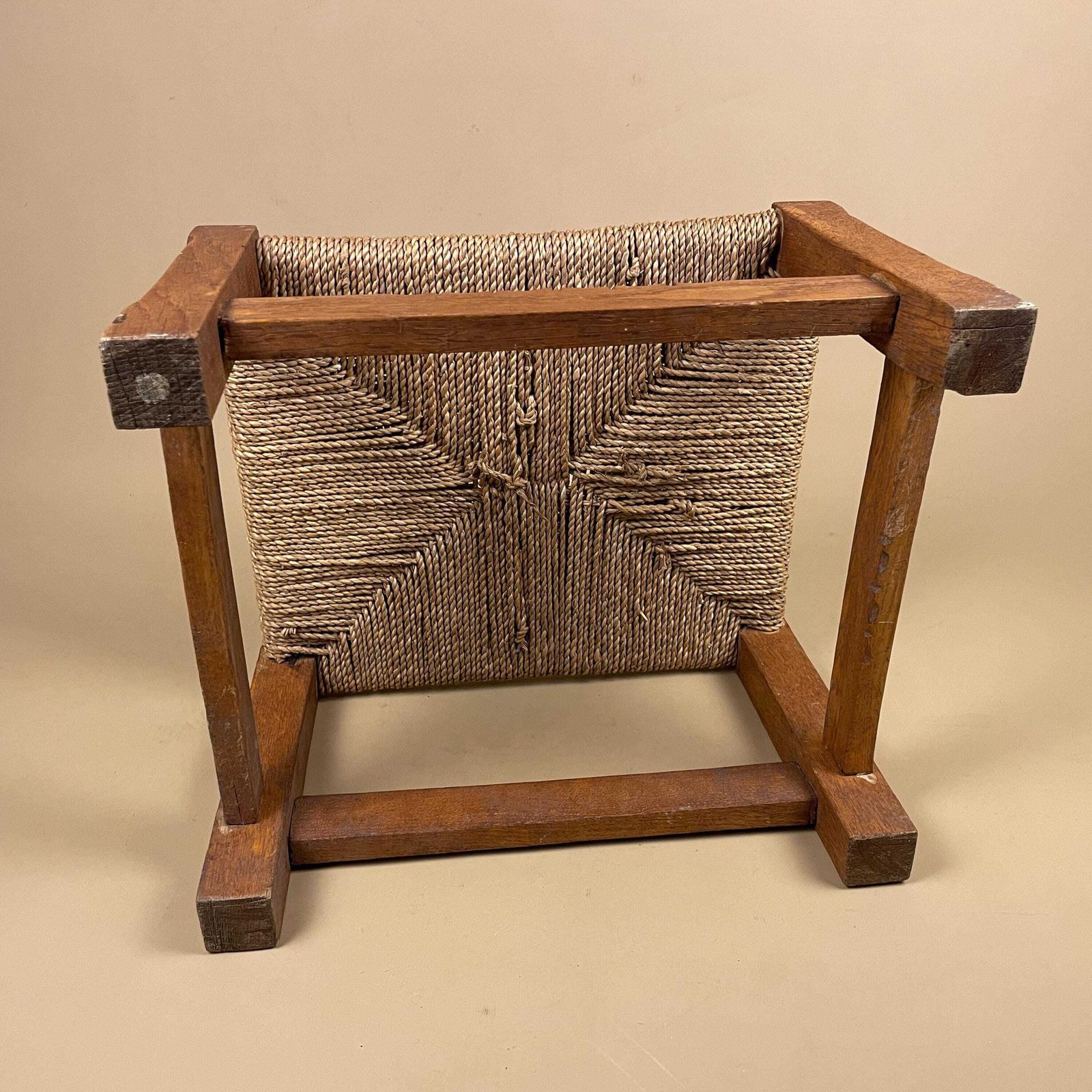photo for sale Antique Wooden Stool Woven String Wood Cottage Furniture Rectangle Brown Hallway Seat 22.2x30x34cm Footstool Bench Square