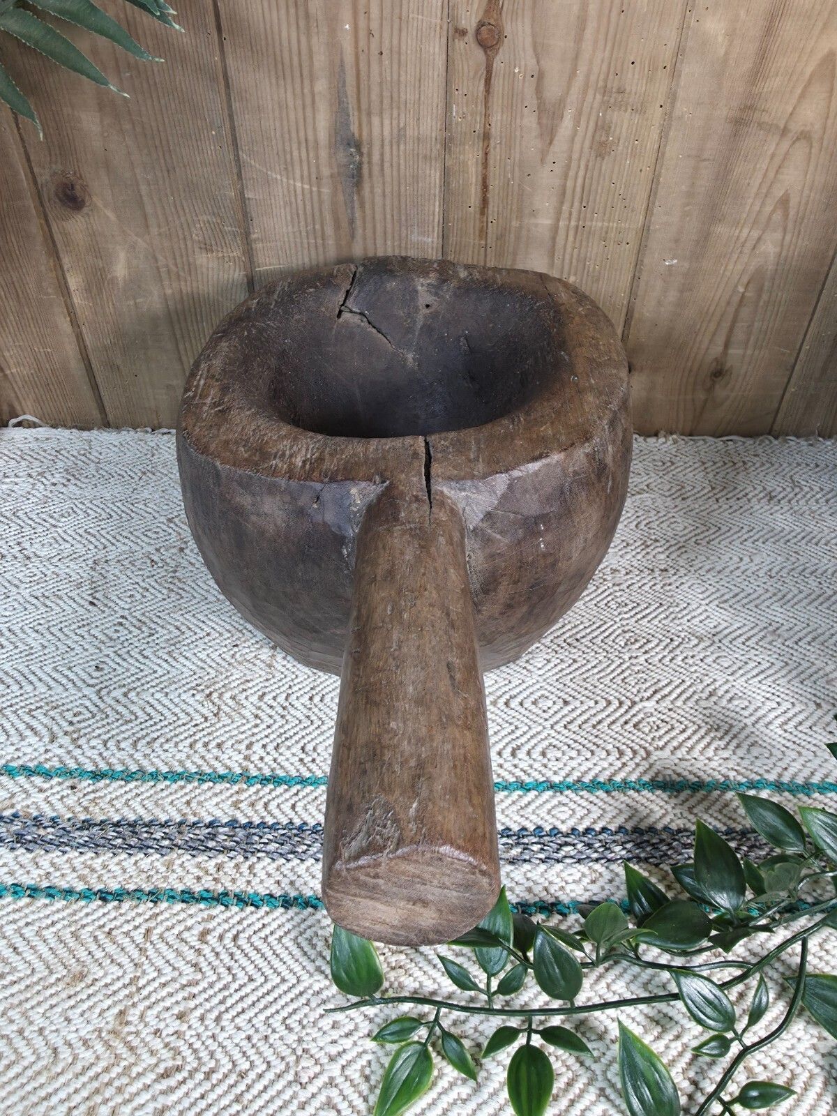 Large Old Vintage Rustic Wabi Sabi Hand Carved Wooden Mortar Bowl Dish photo vinterior