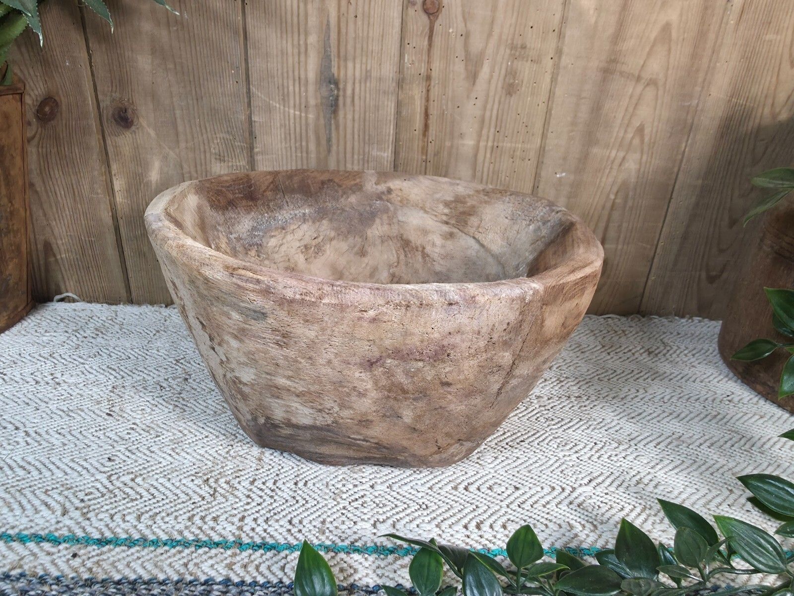 Large Old Vintage Rustic Wabi Sabi Hand Carved Wooden Mortar Bowl Dish photo for sale