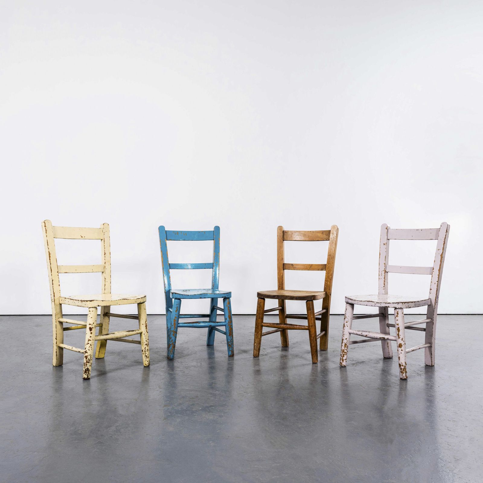 1950’s English Painted Children’s Chapel Chairs Mixed Colour – Set Of Four photo for sale