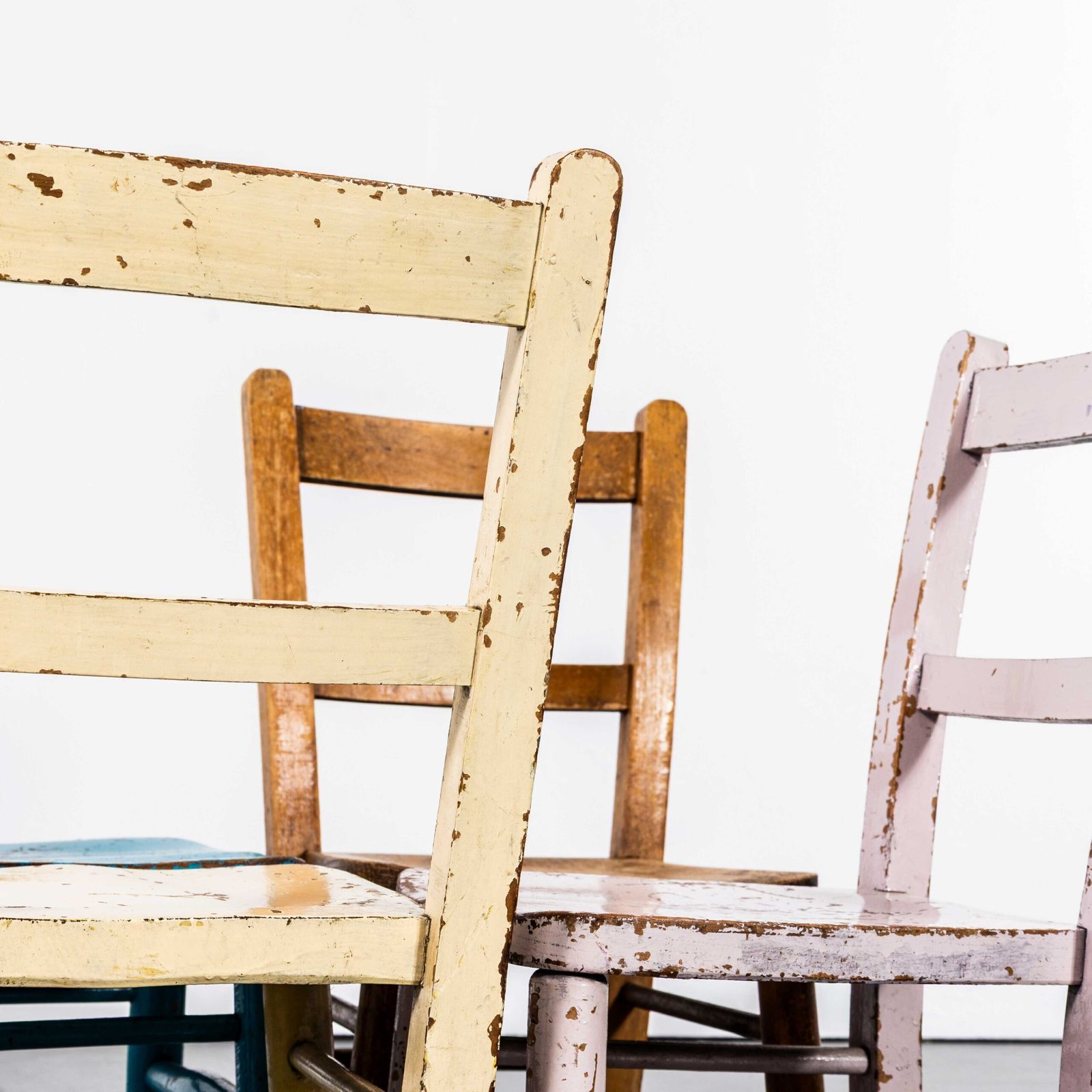 1950’s English Painted Children’s Chapel Chairs Mixed Colour – Set Of Four photo Furniture