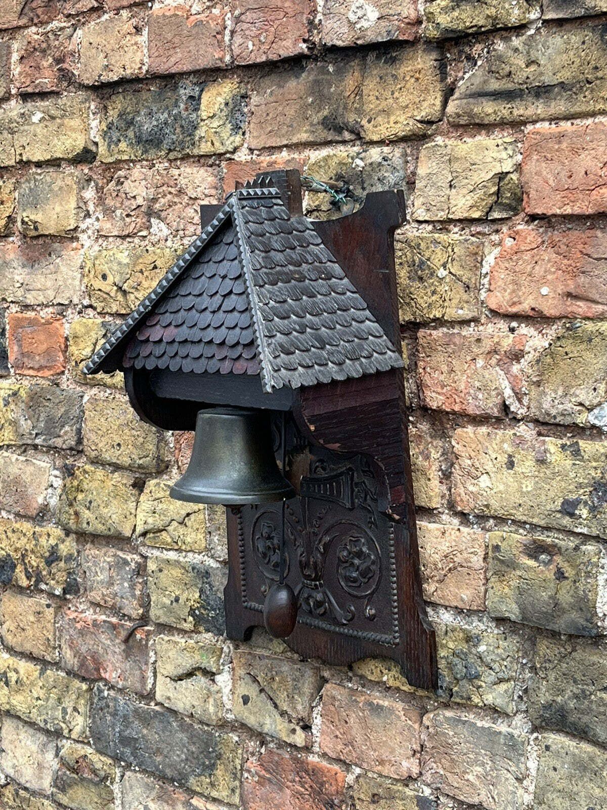 Edwardian Architectural Black Forest Wall Mounted Door Bell, Dinner Bell photo vintage