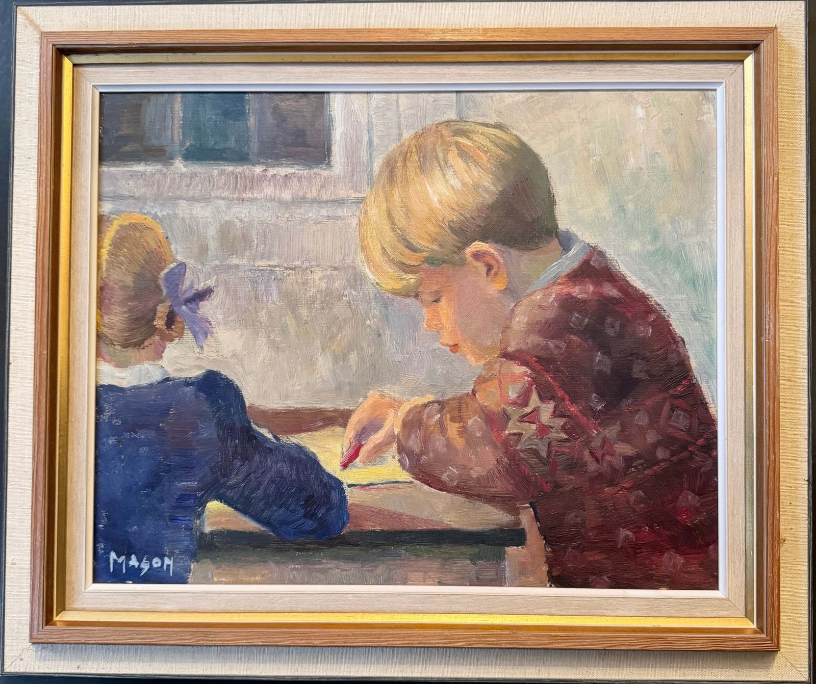 In Kindergarten 1947. Vintage Swedish Oil Painting By Mats Mason.