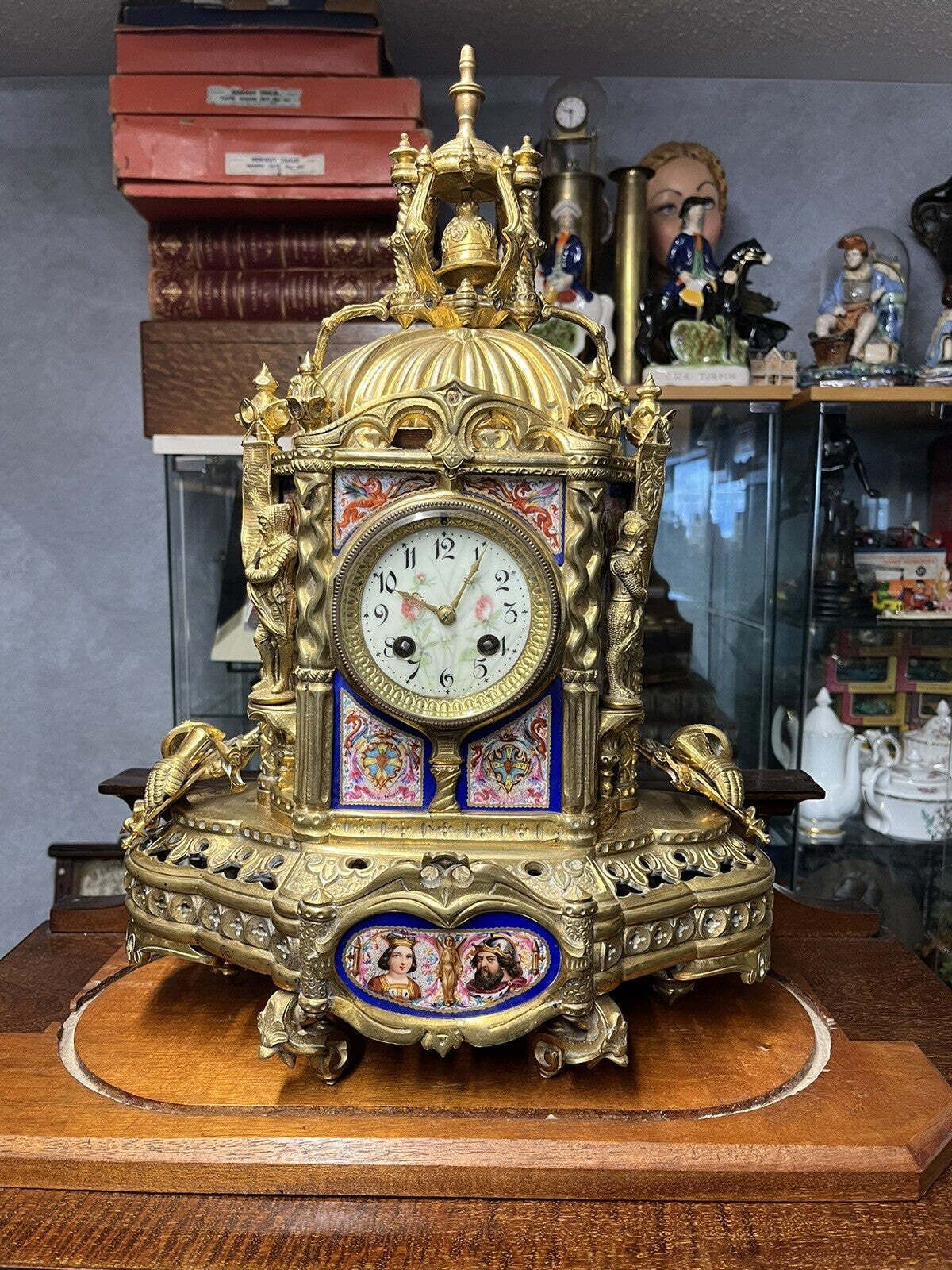 1016.0 Victorian French Clock Under Dome, Porcelain Panels & Decoration Of Royalty. photo