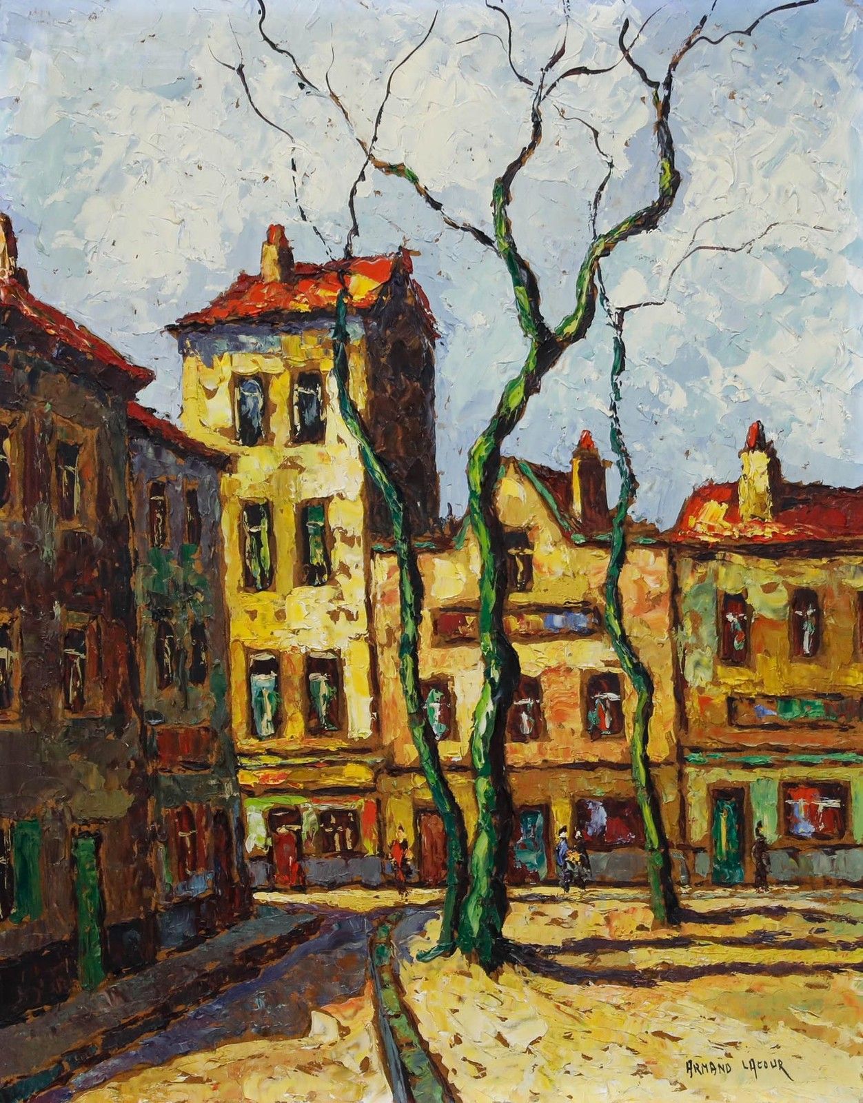 Armand Lacour (1910 1970) 20th Century Oil, Town Square photo furniture