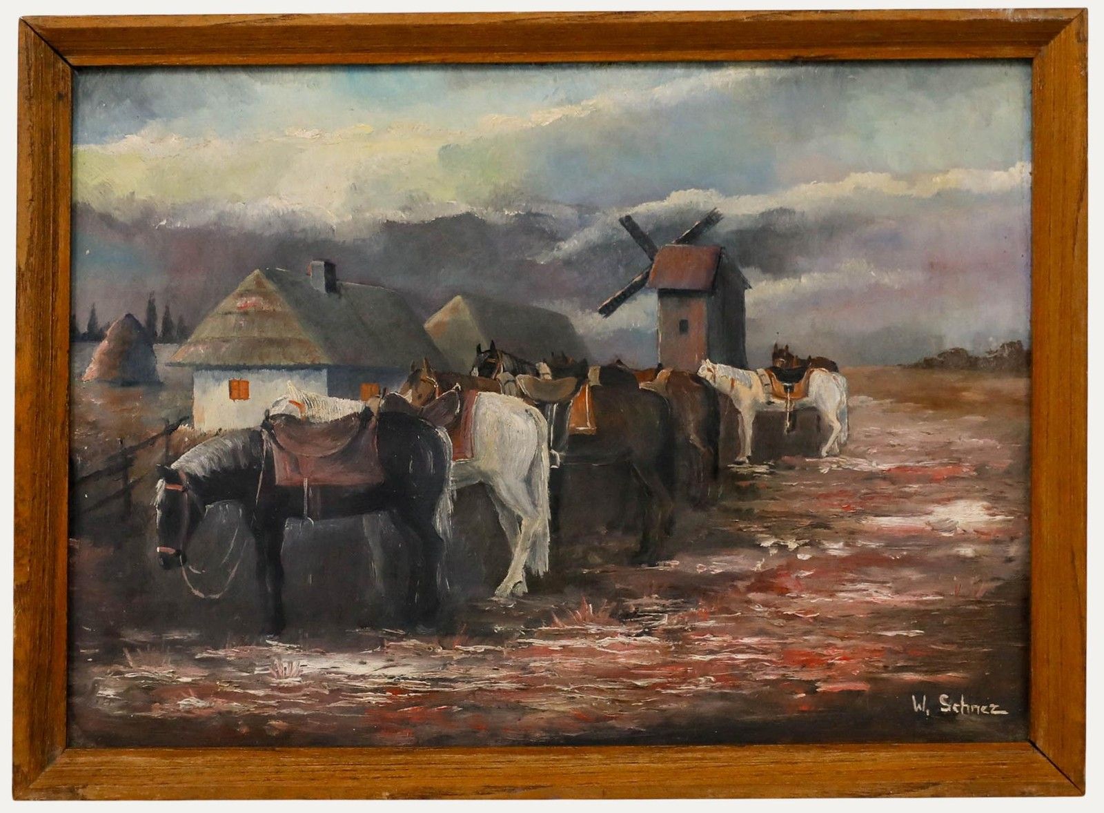 W. Schnez Framed Mid 20th Century Oil, A Team Of Horses