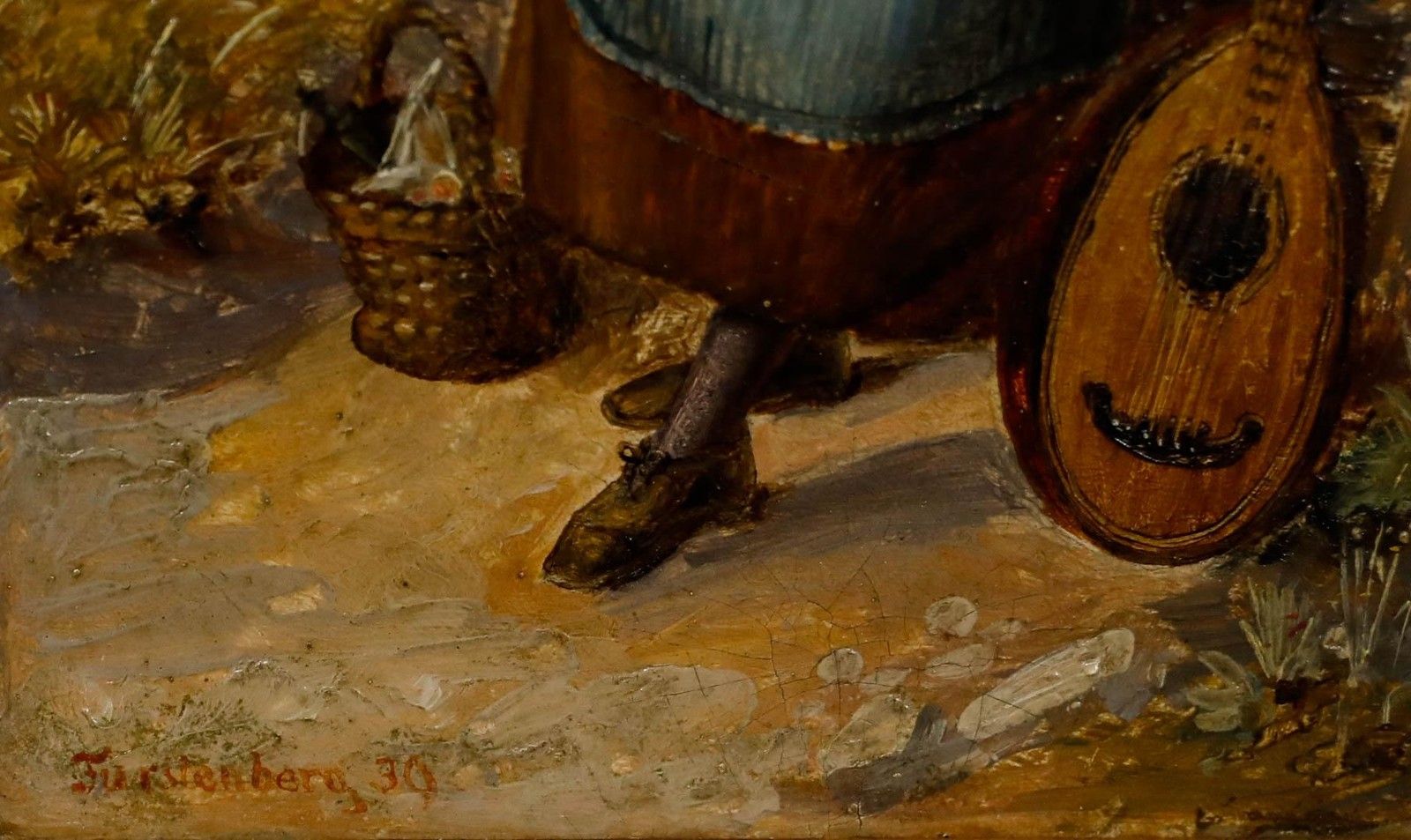 German School 19th Century Oil Woman With Basket & Mandolin photo vinterior