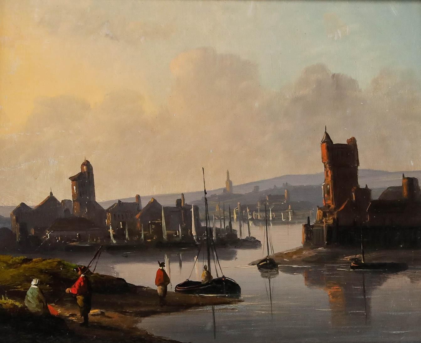Framed 19th Century Oil Harbour At Dusk photo furniture