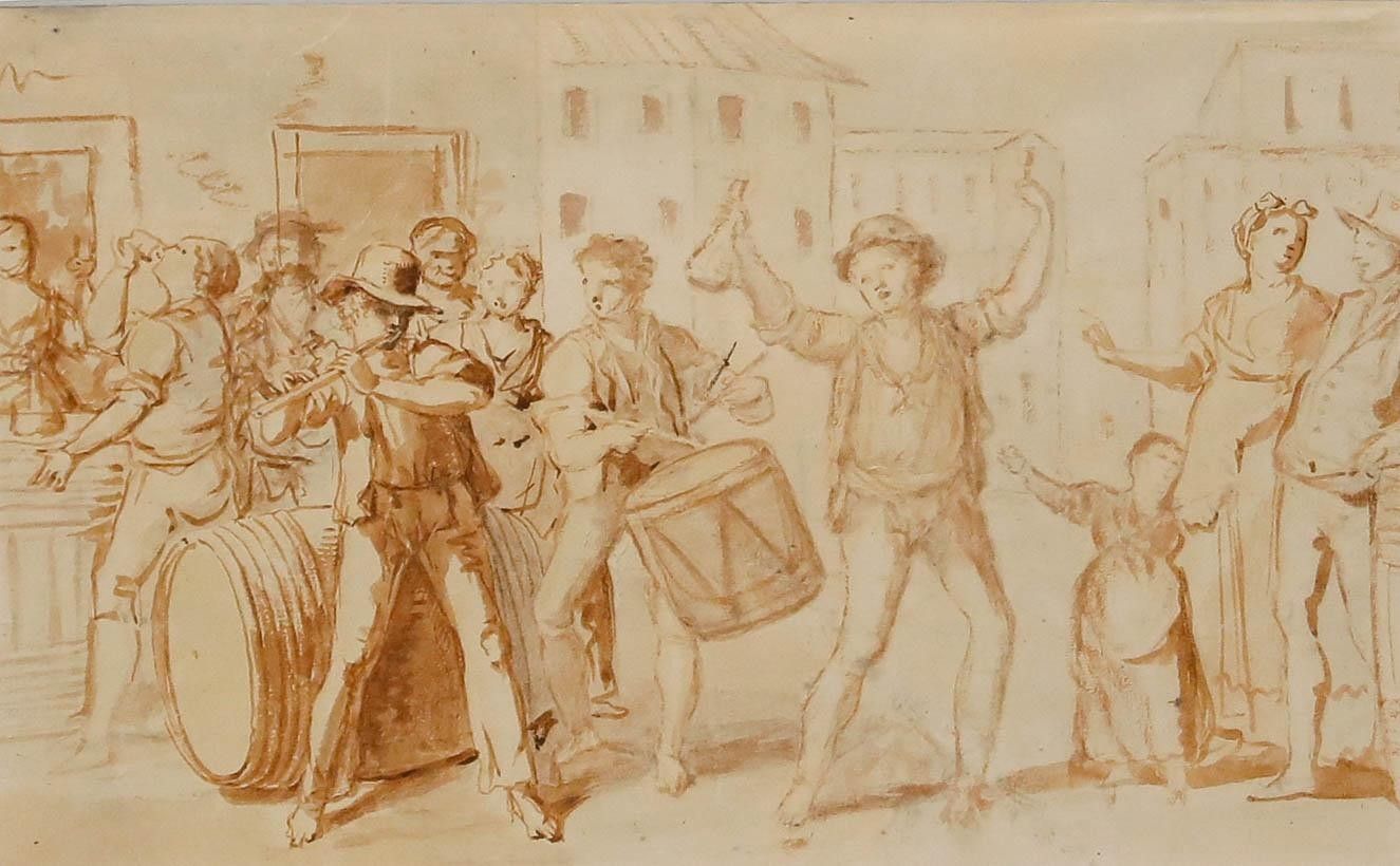 Framed 18th Century Sepia Watercolour Revellers In A Street photo furniture