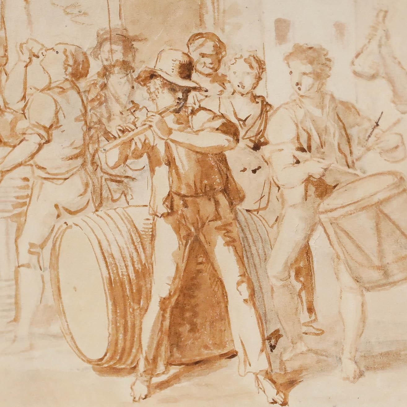 Framed 18th Century Sepia Watercolour Revellers In A Street photo Art