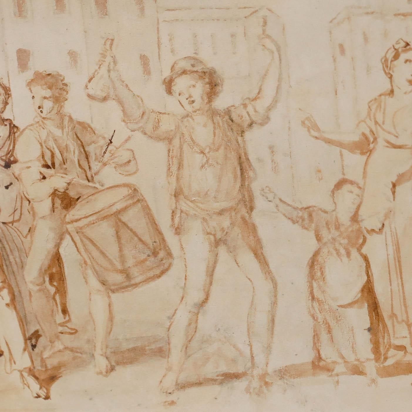 Framed 18th Century Sepia Watercolour Revellers In A Street photo 195.0