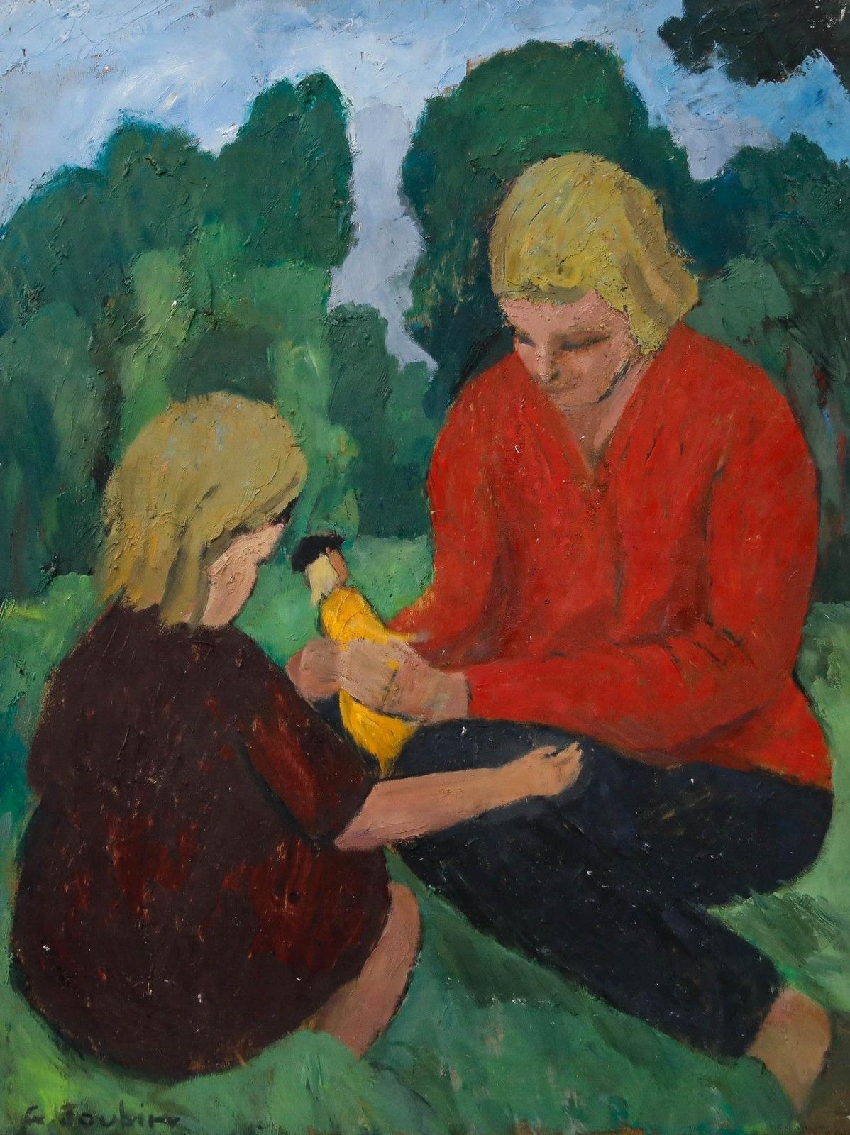 Georges Joubin (1888 1983) Mid 20th Century Oil, Mother And Daughter photo furniture