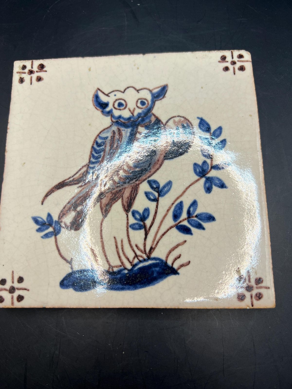 Antique Dutch Delft Polychrome Tile. Hand Painted Owl With Foliage.