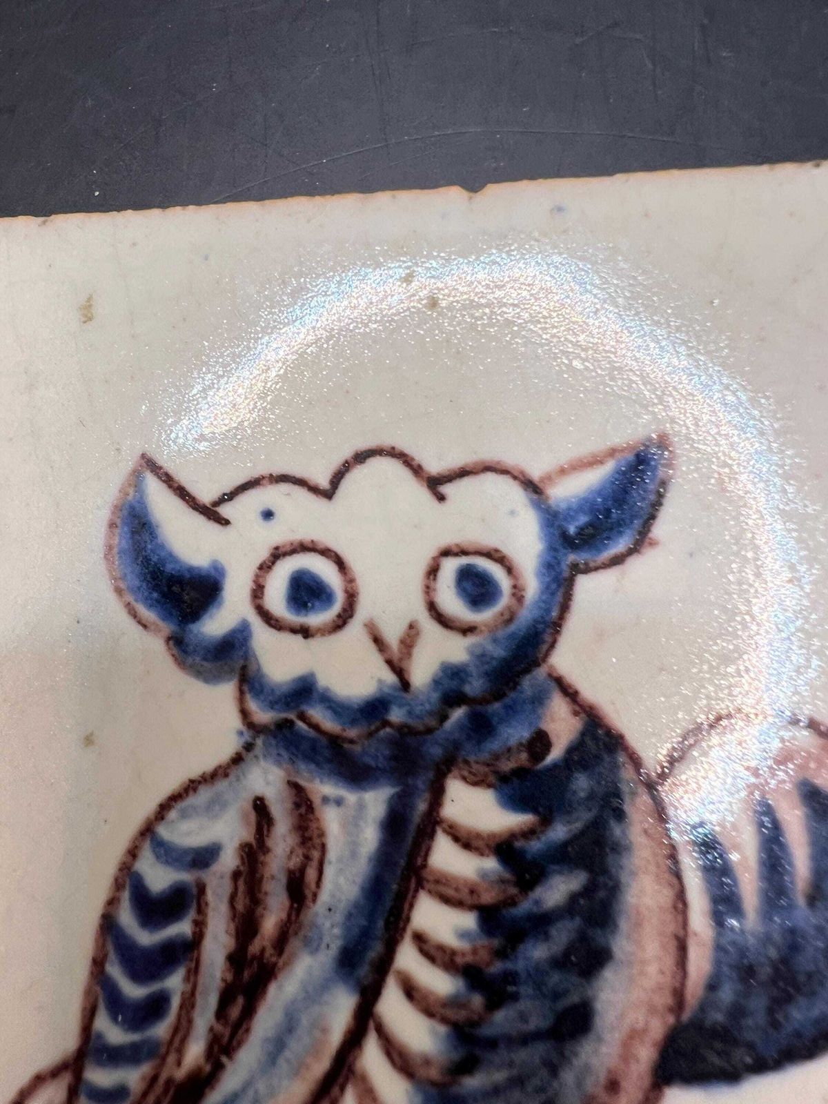 Antique Dutch Delft Polychrome Tile. Hand Painted Owl With Foliage. photo for sale