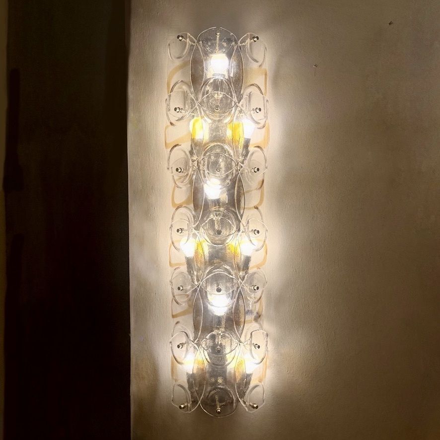 Contemporary Pair Of Brass W/ Transparent And Amber Murano Art Glass Sconces photo vinterior