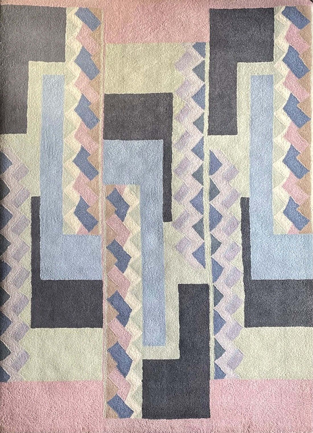 Tisca Geometric Pattern Hand Tufted Wool Rug, Signed “Iles”, France, 1990s photo furniture