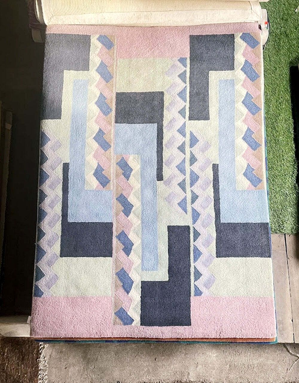 Tisca Geometric Pattern Hand Tufted Wool Rug, Signed “Iles”, France, 1990s photo vintage