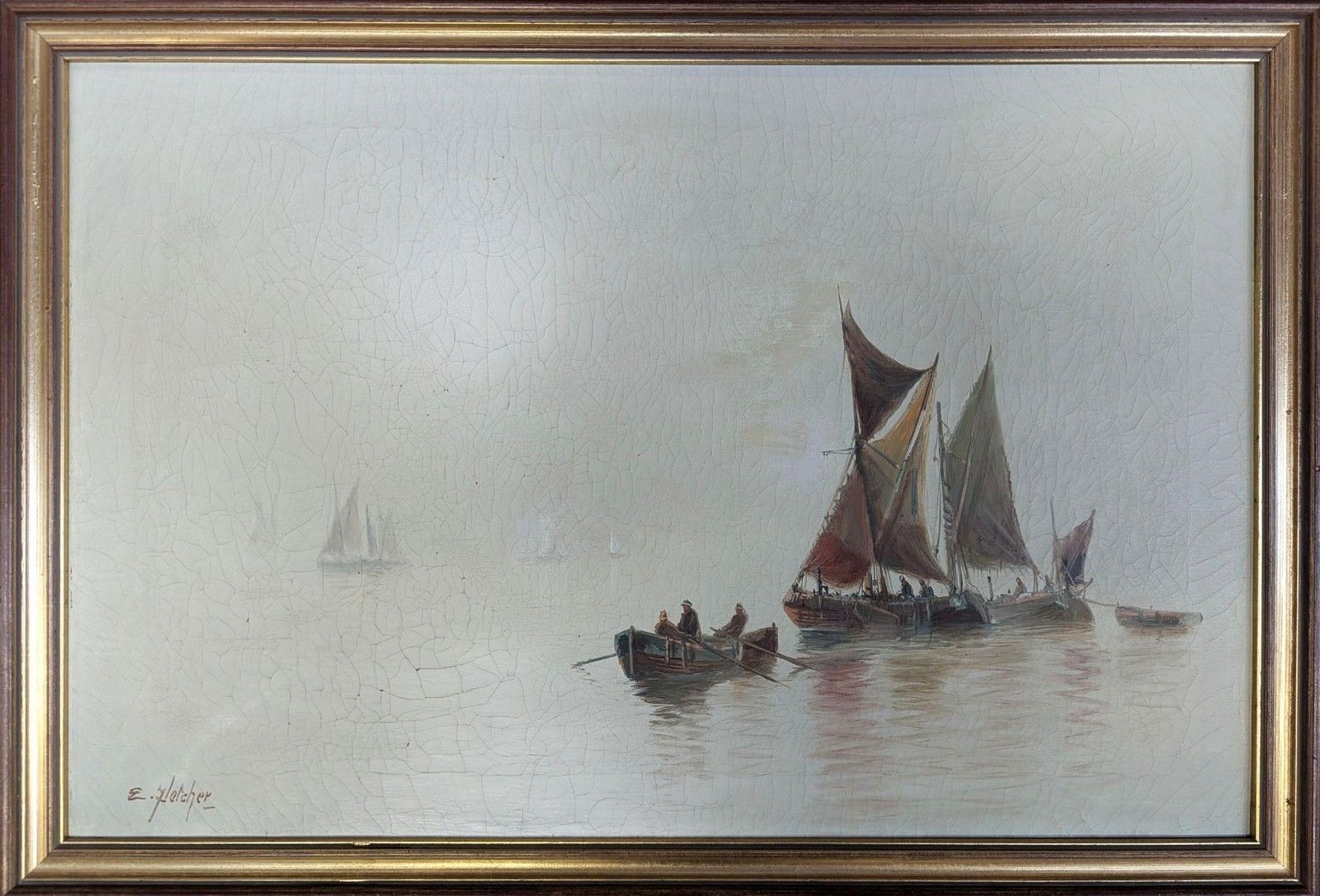 Thames Barges Riverscape Oil Painting By Edward Henry Eugene Fletcher Circa 1900