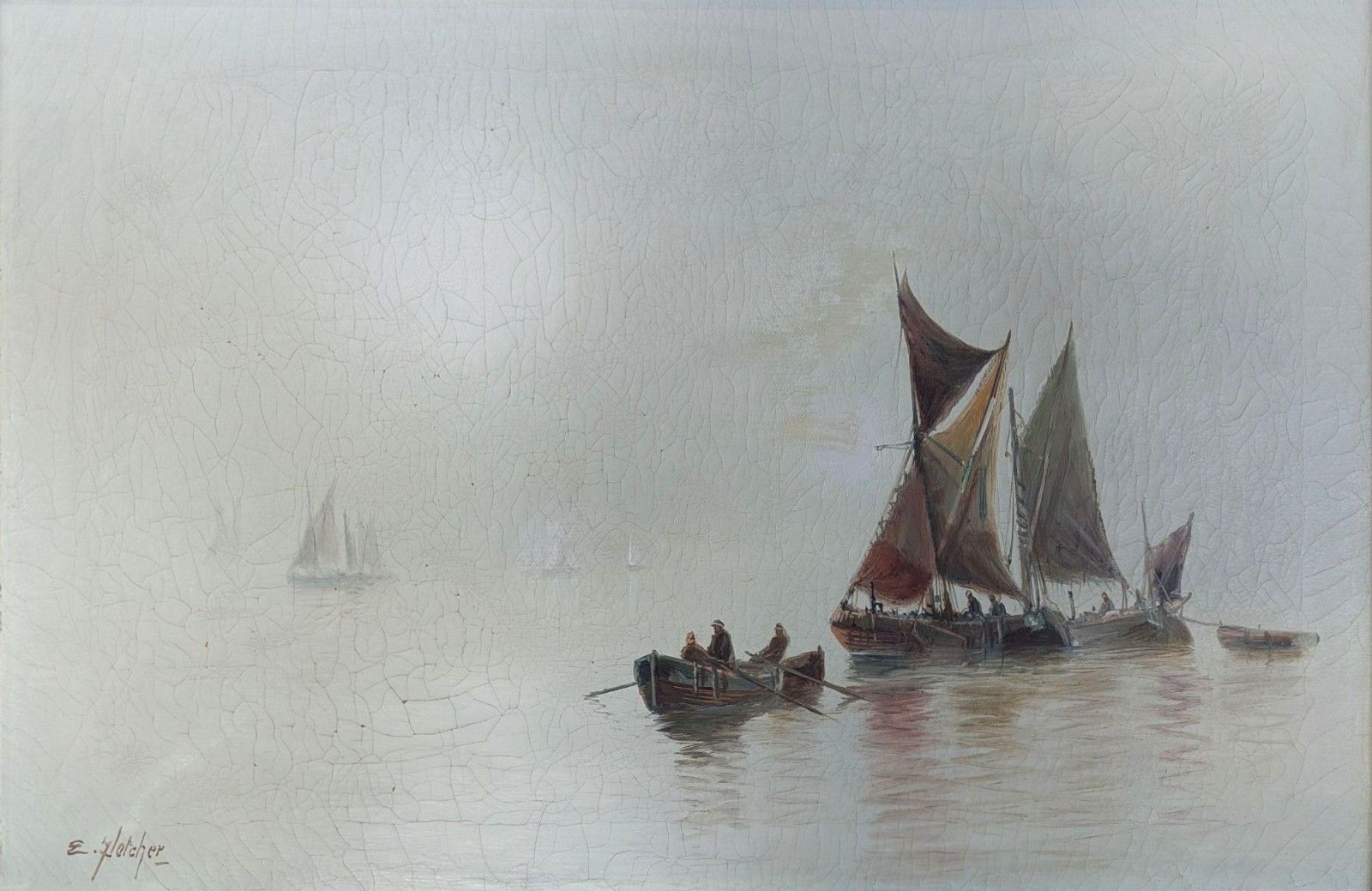 Thames Barges Riverscape Oil Painting By Edward Henry Eugene Fletcher Circa 1900 photo furniture