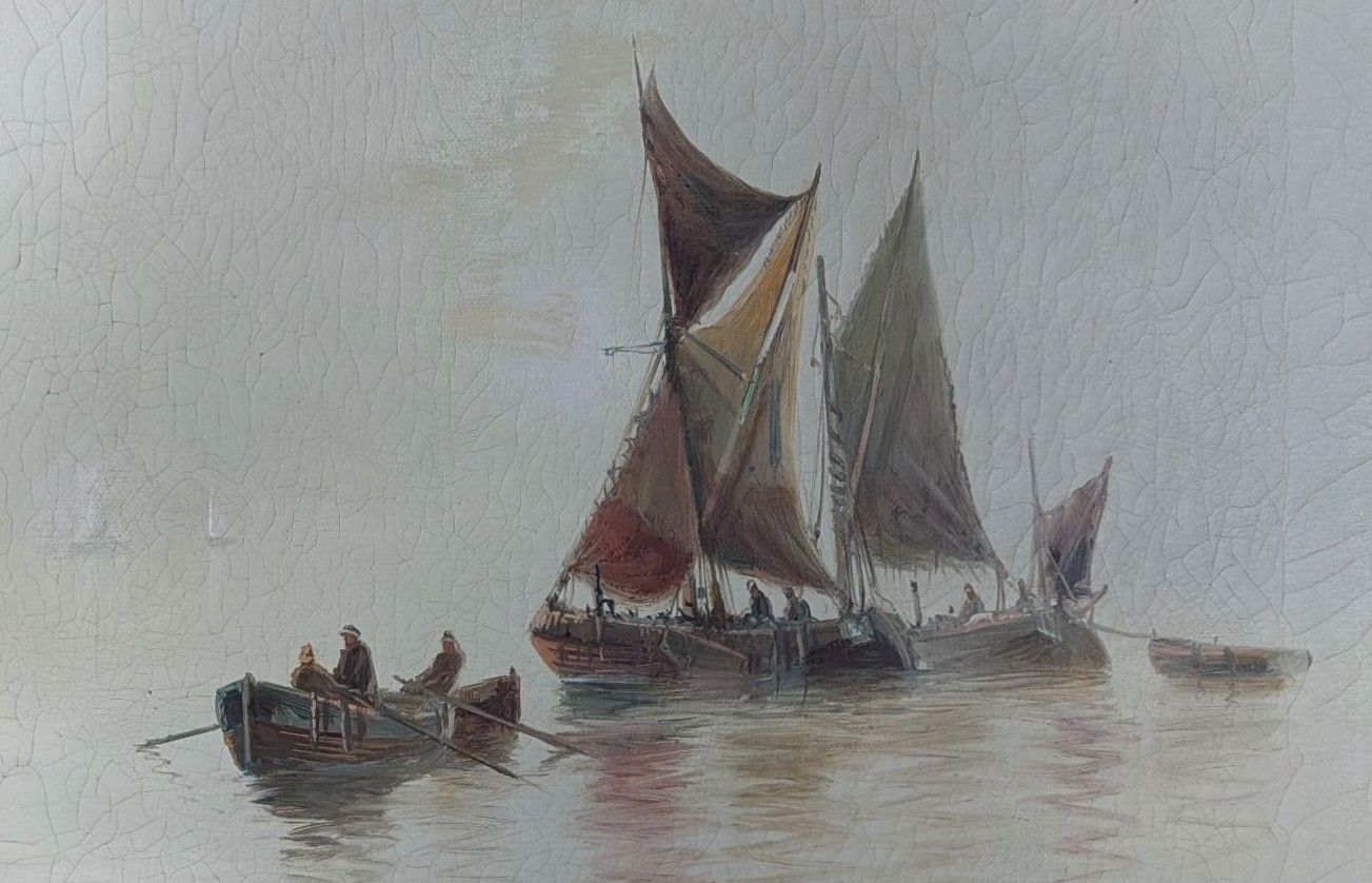 Thames Barges Riverscape Oil Painting By Edward Henry Eugene Fletcher Circa 1900 photo Art