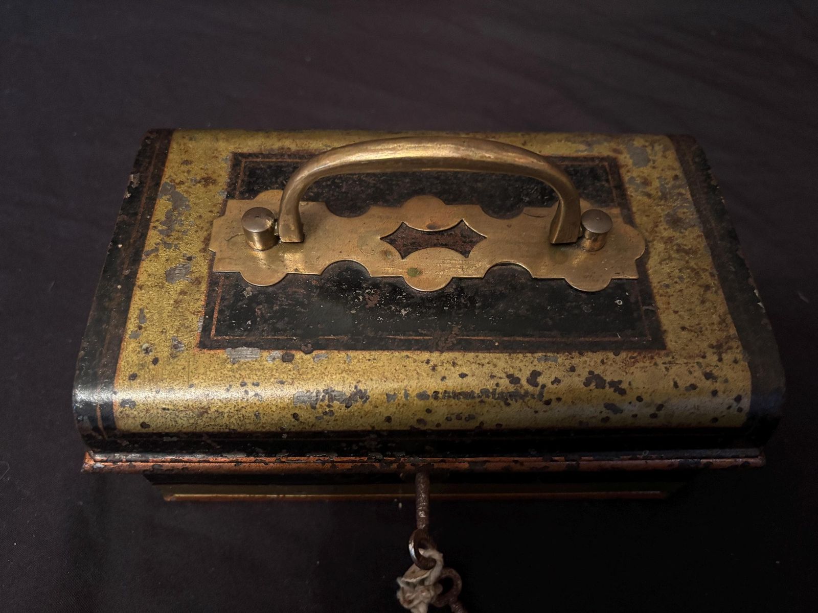 Antique English Made Lock Box Safe Bank Key And Insert Metal Gold & Black With Key
