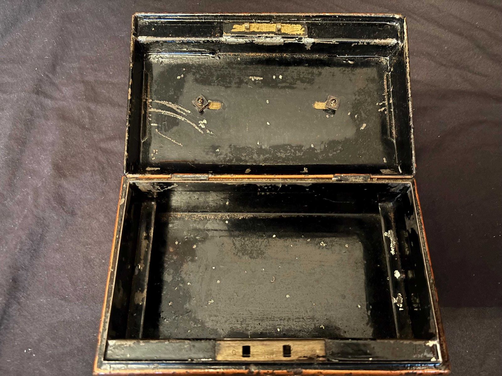 Antique English Made Lock Box Safe Bank Key And Insert Metal Gold & Black With Key photo 116.0