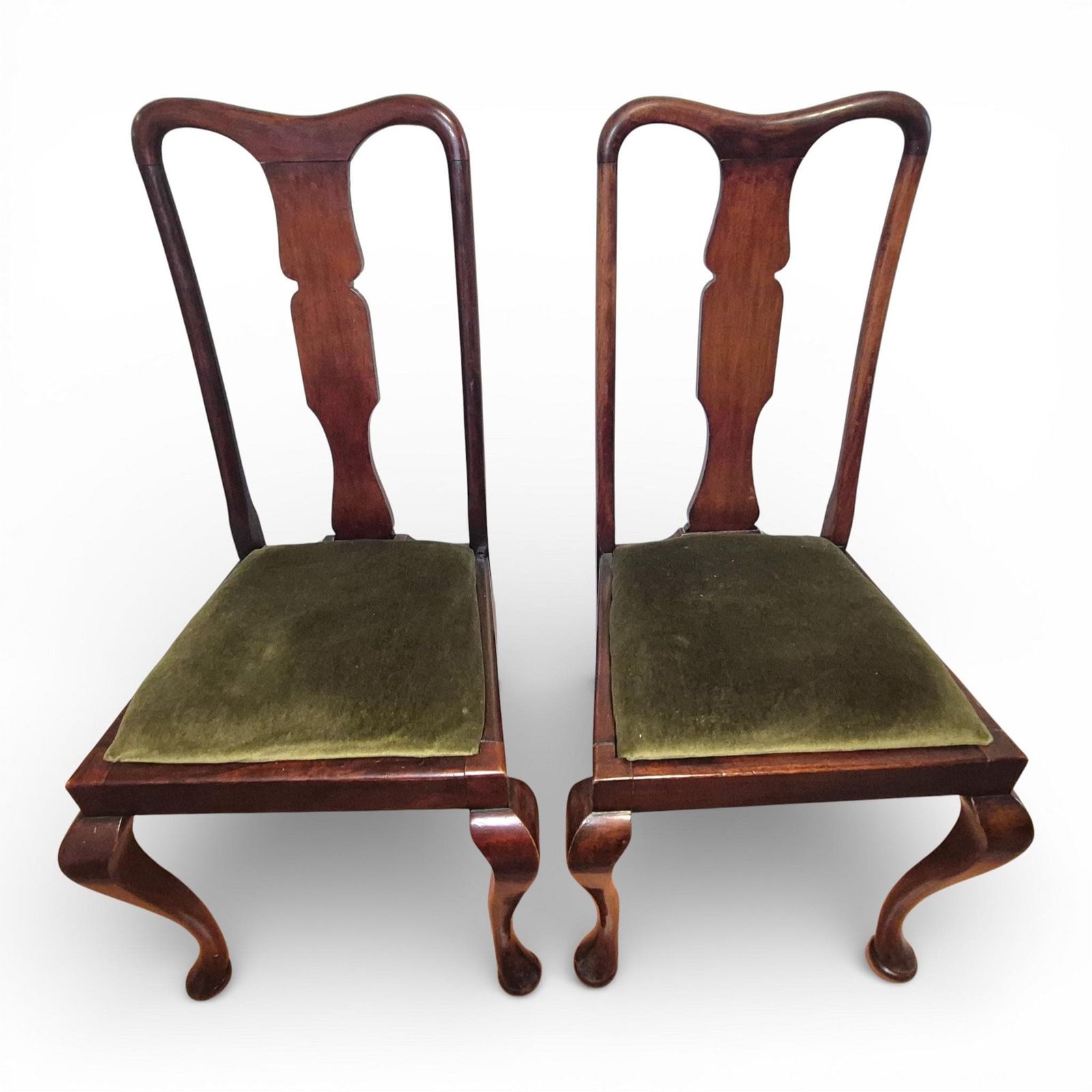 Pair Of Queen Anne Style Mahogany High Back Dining Chairs | Upholstered Seats photo Furniture