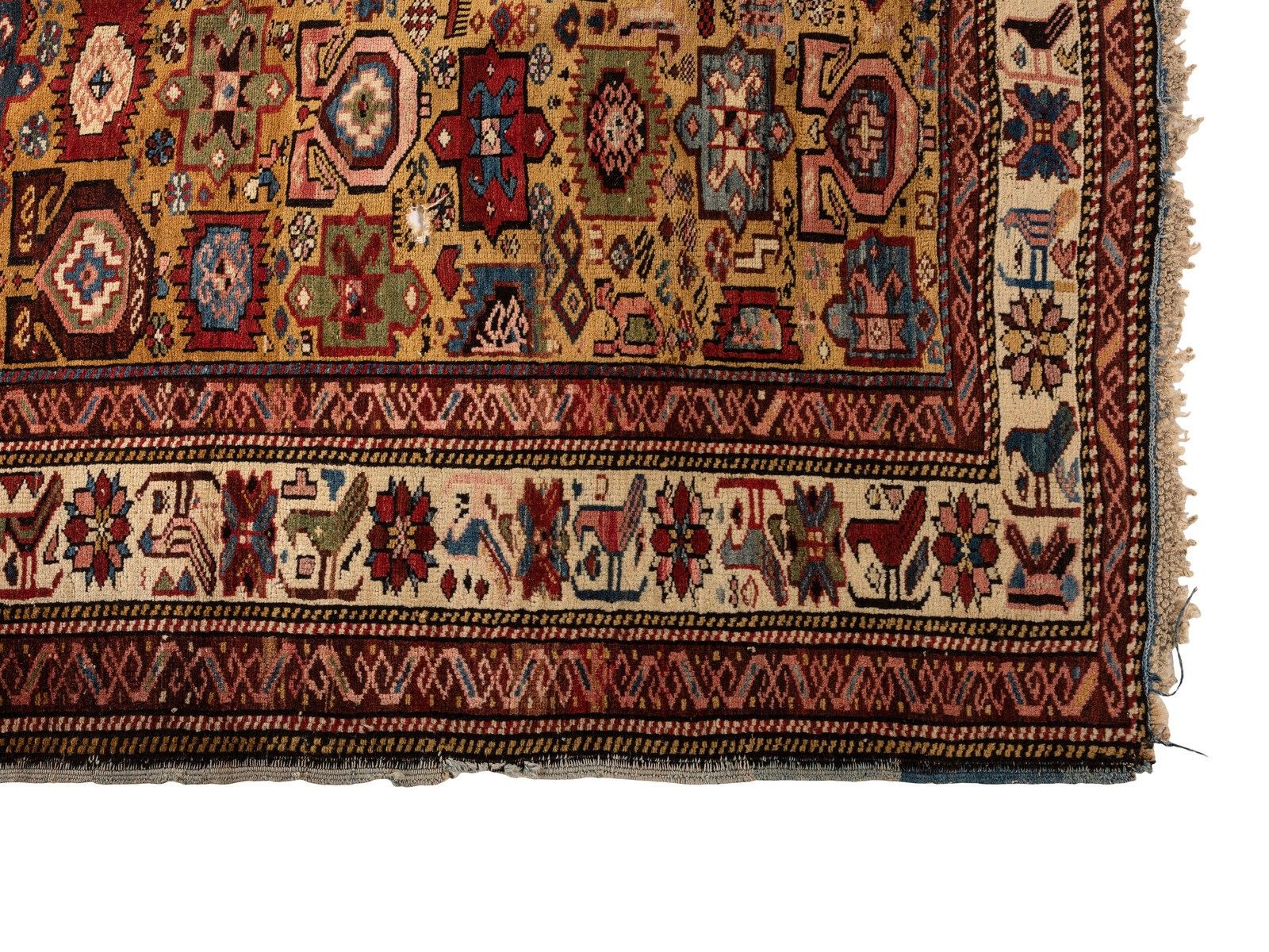 4.3x5.7 Ft Antique Yellow Ground Kuba (Quba) Rug With Birds, North East Caucasus photo for sale