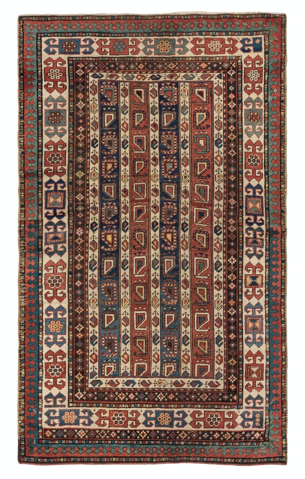 4x7 Ft Rare Antique Karabagh Kazak Rug With Diagonal Stripes And Botehs, Ca 1860